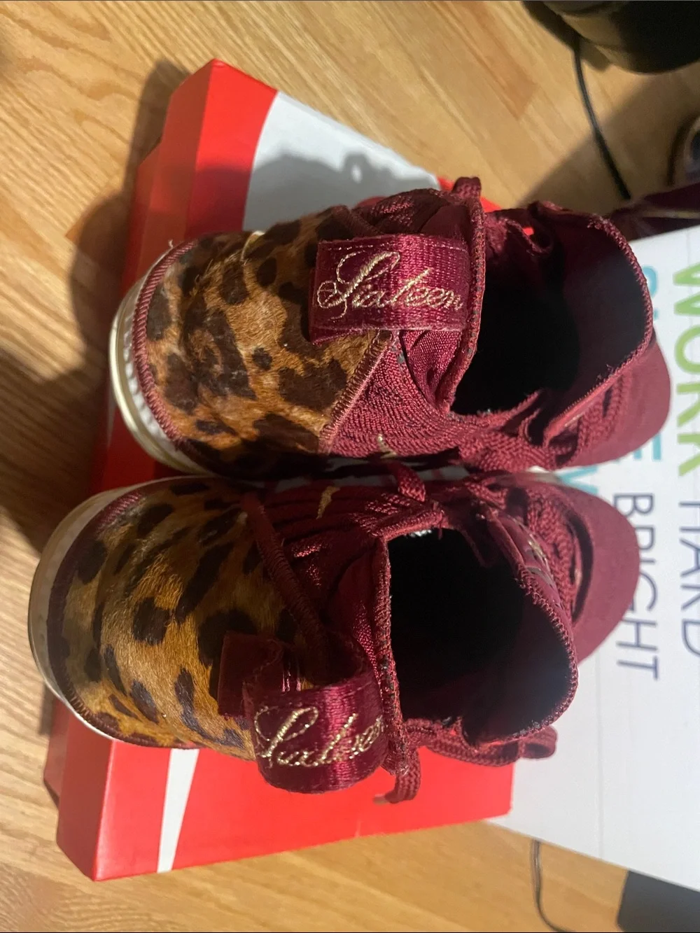 Men's Burgundy Athletic Sneakers - LeBron James with Cheetah print. (Rare)